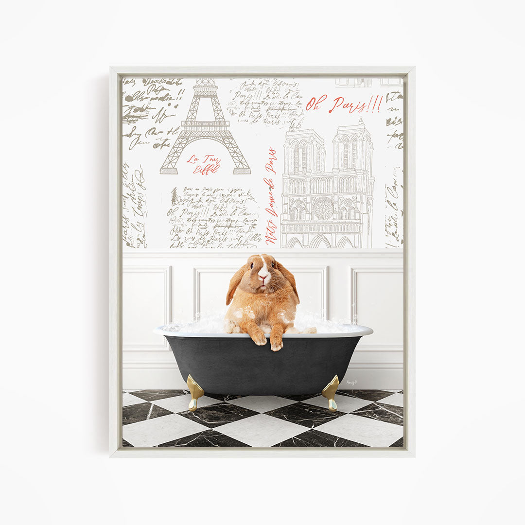 A brown rabbit sitting in a bathtub filled with water, surrounded by a Paris-themed wallpaper with the Eiffel Tower and other Parisian landmarks.