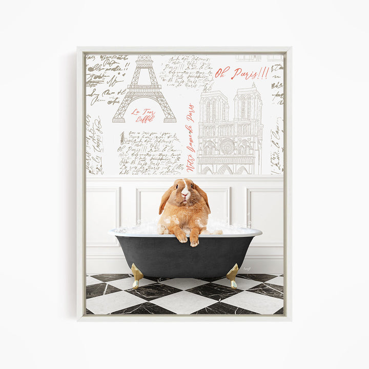 A brown rabbit sitting in a bathtub filled with water, surrounded by a Paris-themed wallpaper with the Eiffel Tower and other Parisian landmarks.