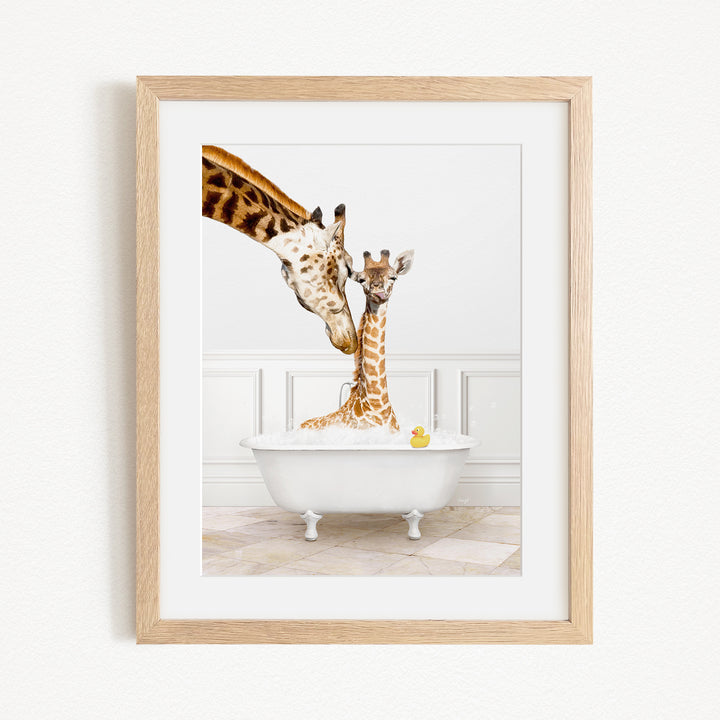 A mother giraffe and her baby giraffe are enjoying a bath together in a white bathtub, with a yellow rubber duck floating in the water.