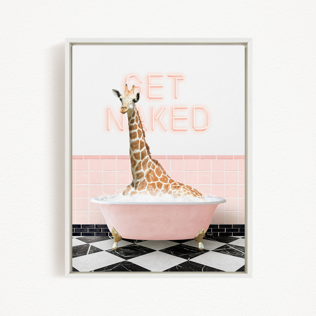 A giraffe sitting in a pink bathtub with the words "GET NAKED" written on the wall behind it.