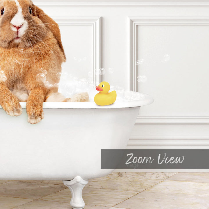 A brown and white rabbit sitting in a white bathtub, with a yellow rubber duck floating on the water.