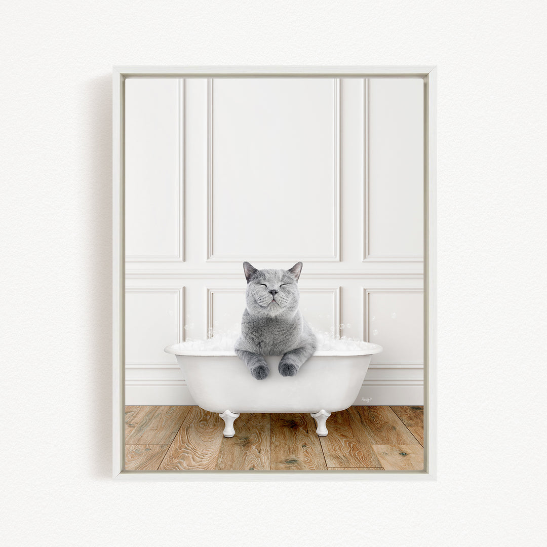 A gray cat sitting in a white bathtub, with a white wall and wooden floor in the background.
