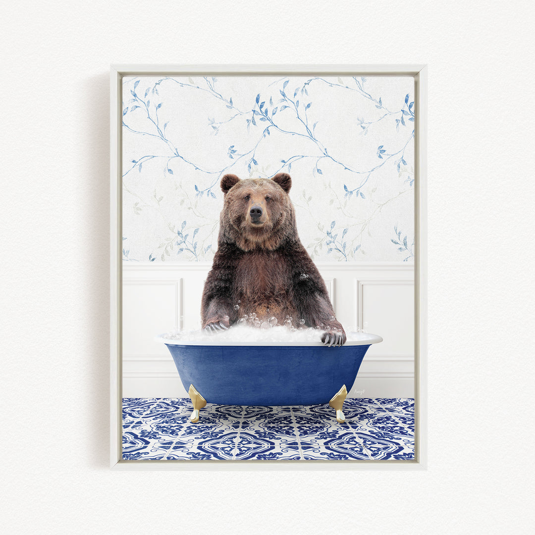 A brown bear sitting in a blue bathtub filled with water, surrounded by a blue and white patterned floor.