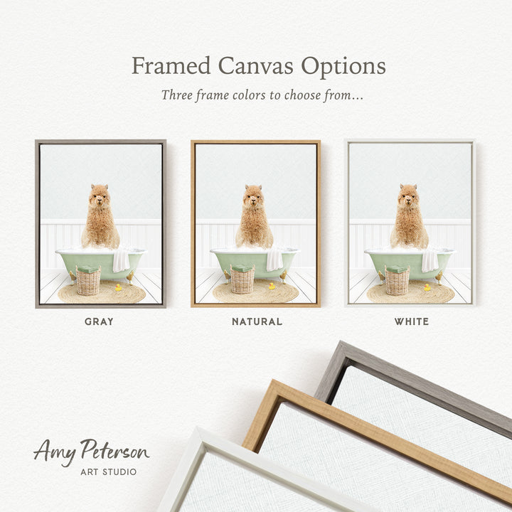 The image is a framed canvas option showcasing three different colored frames for a picture of a dog sitting in a bathtub.