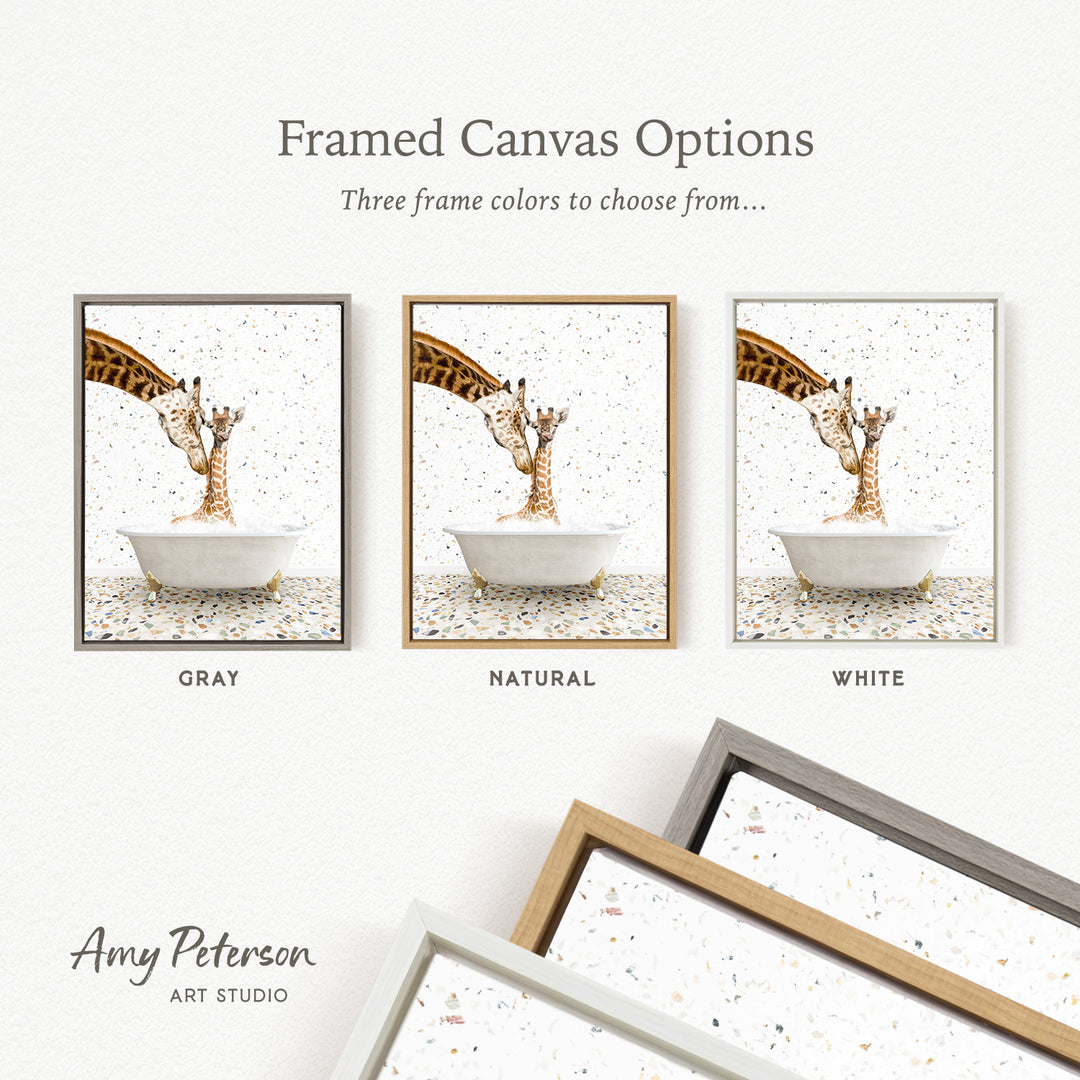The image is a framed canvas option featuring three different colored frames, each containing a painting of a giraffe in a bathtub.