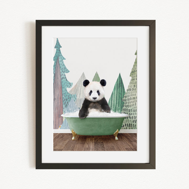 A panda bear sitting in a green bathtub, surrounded by a forest-themed background.