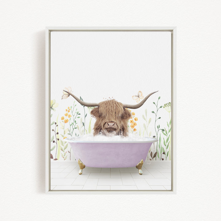 A brown cow with long horns is sitting in a pink bathtub filled with bubbles, surrounded by flowers and butterflies.