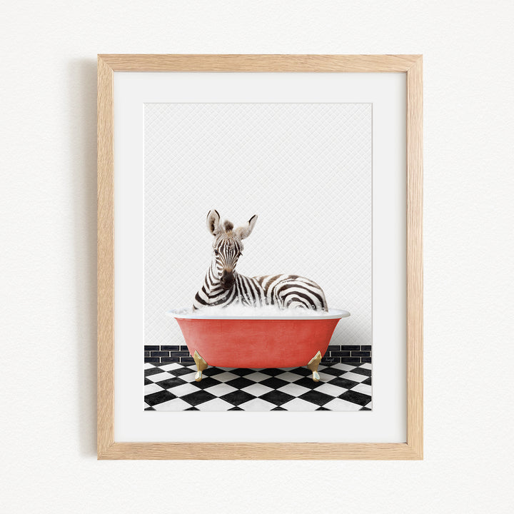 A zebra is sitting in a red bathtub on a black and white checkered floor, looking directly at the camera.