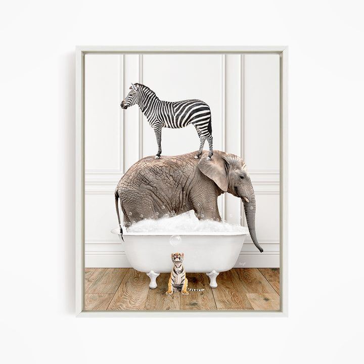 A zebra stands on the back of an elephant, which is standing in a bathtub filled with water, while a small tiger sits nearby.