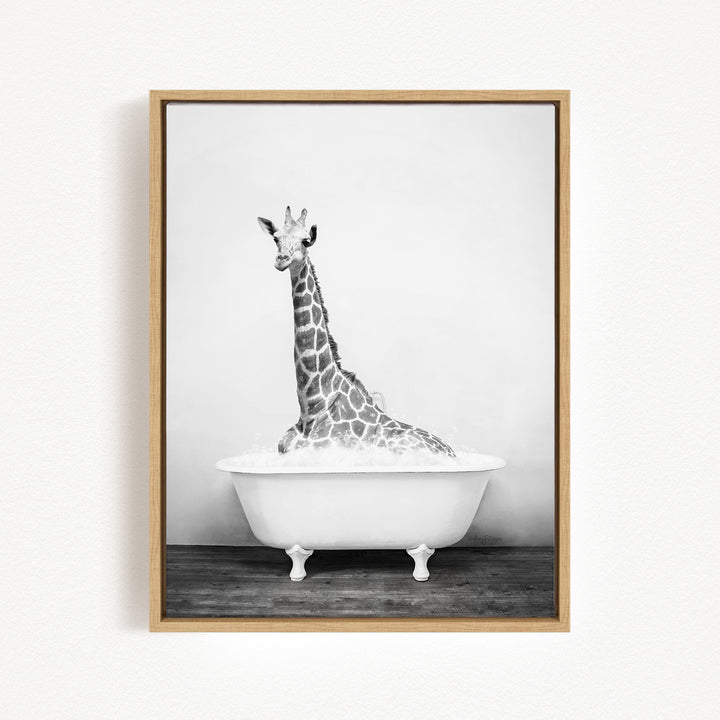 A giraffe sitting in a white bathtub filled with water, creating a whimsical and playful scene.