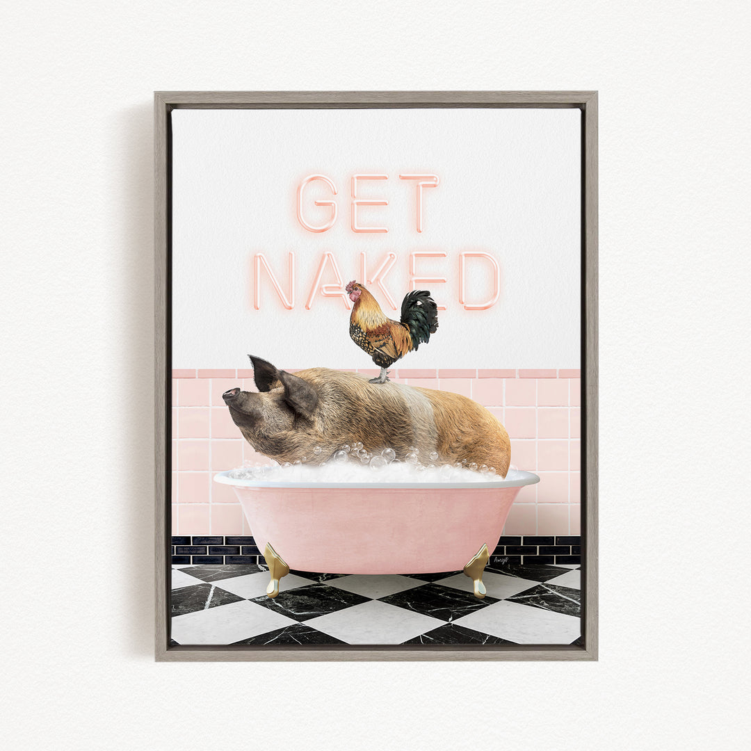 A pig sitting in a pink bathtub, with a rooster perched on its back, and the text "GET NAKED" displayed above the scene.