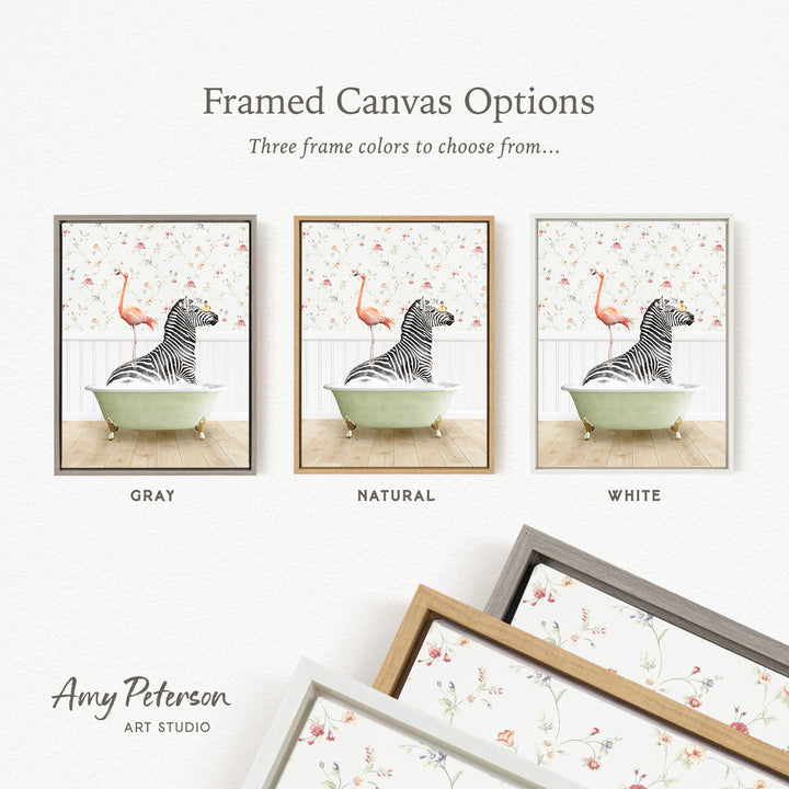 The image is a framed canvas option featuring three different framed pictures of a zebra sitting in a bathtub, each with a different frame color: gray, natural, and white.