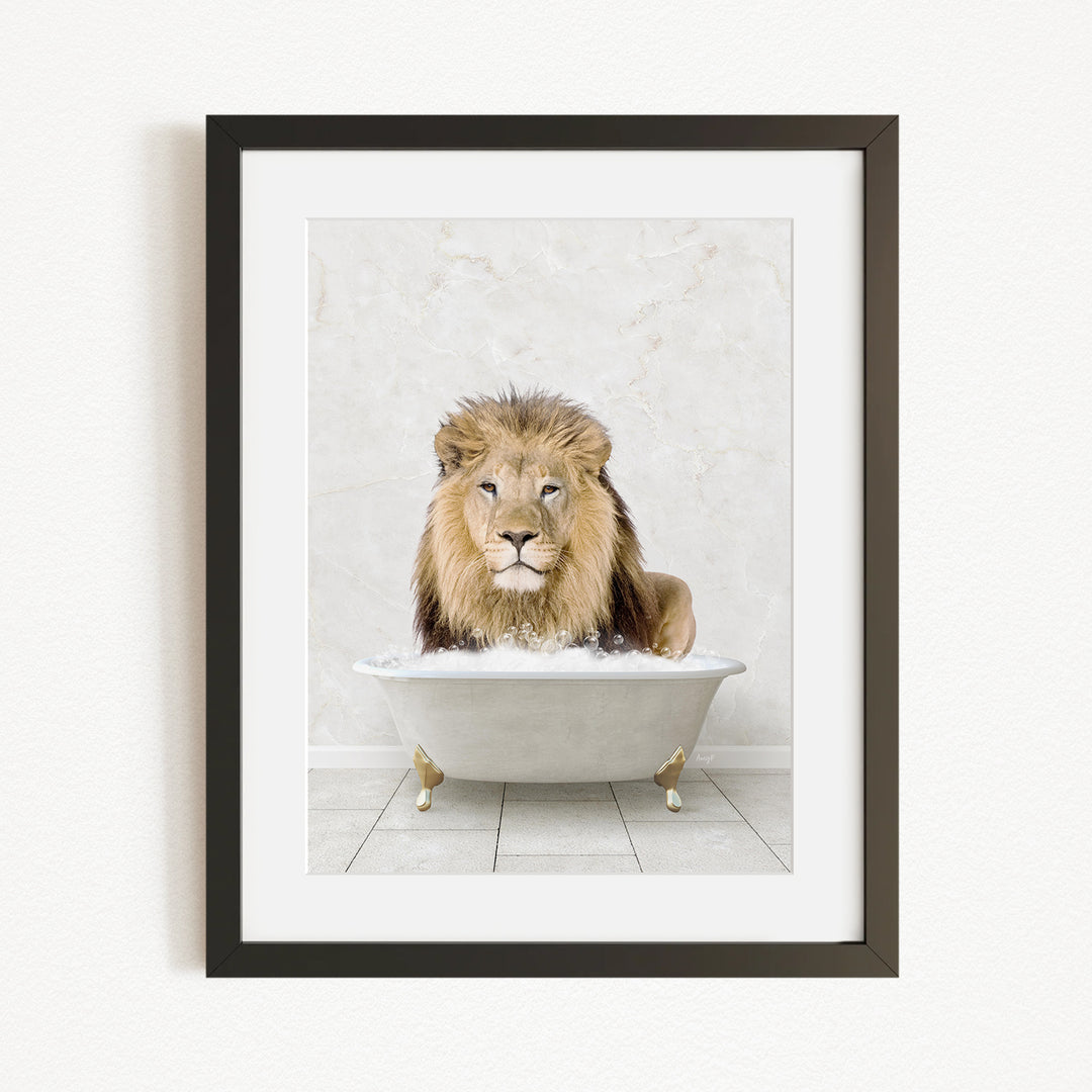 A lion sitting in a white bathtub filled with water, creating a whimsical and amusing scene.