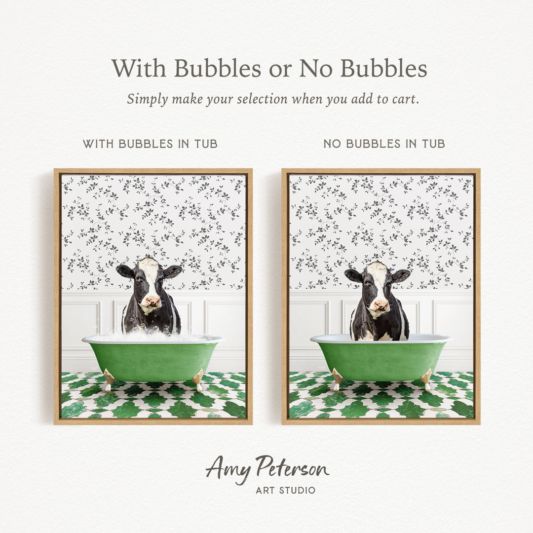 The image is a collage of two pictures featuring a cow sitting in a green bathtub. The cow is surrounded by bubbles, creating a playful and whimsical scene. The collage is framed with a gold border, and the text "With Bubbles or No Bubbles" is displayed above the images.
