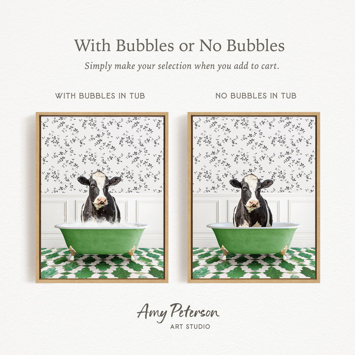 The image is a collage of two pictures featuring a cow sitting in a green bathtub. The cow is surrounded by bubbles, creating a playful and whimsical scene. The collage is framed with a gold border, and the text "With Bubbles or No Bubbles" is displayed above the images.