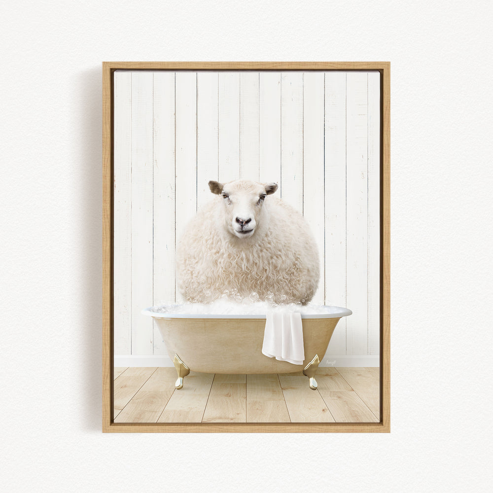A fluffy white sheep sits in a white bathtub, surrounded by a wooden wall and floor.