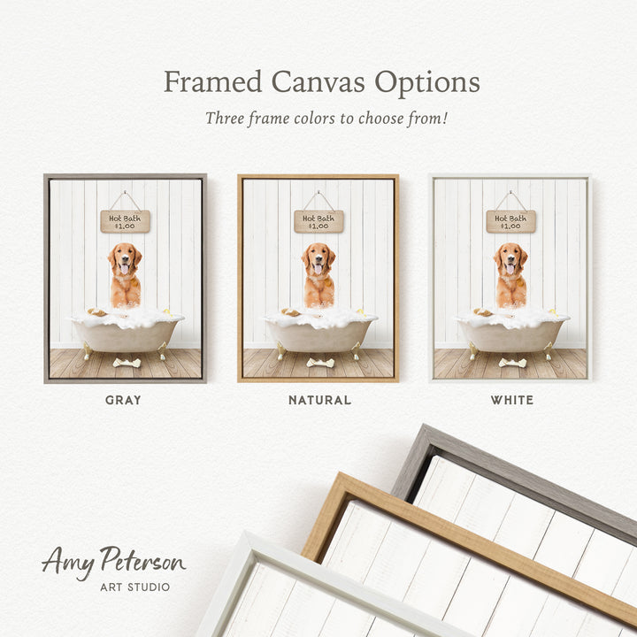 The image is a framed canvas option featuring three different colored frames with a picture of a dog in a bathtub.