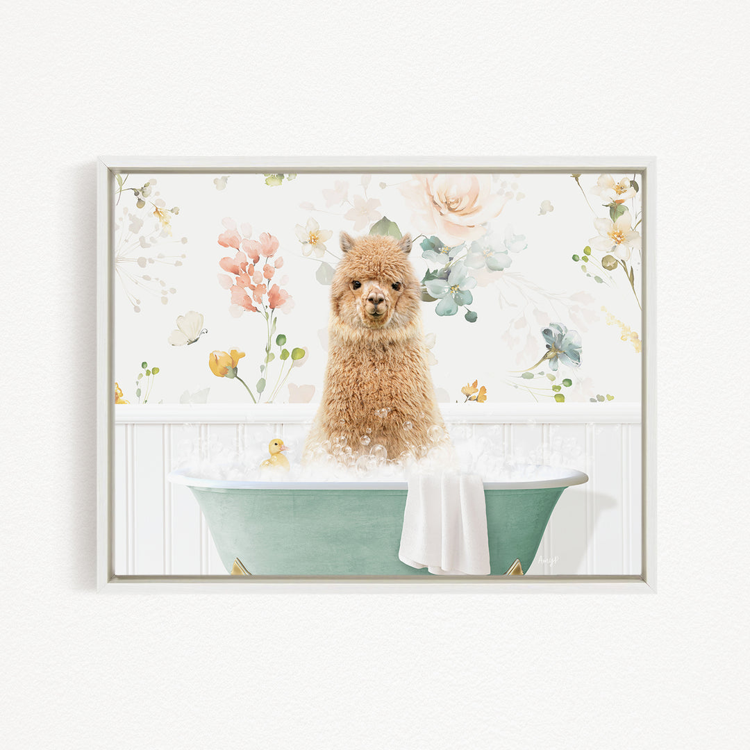 A fluffy brown dog sitting in a green bathtub filled with water, surrounded by a floral pattern.