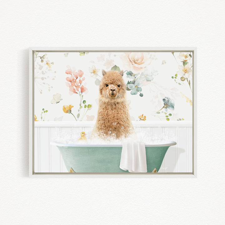 A fluffy brown dog sitting in a green bathtub filled with water, surrounded by a floral pattern.