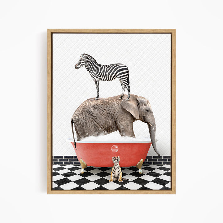 A zebra stands on top of an elephant in a bathtub, with a small tiger sitting nearby, all on a checkered floor.