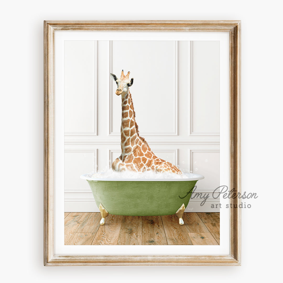 a giraffe is sitting in a green bathtub