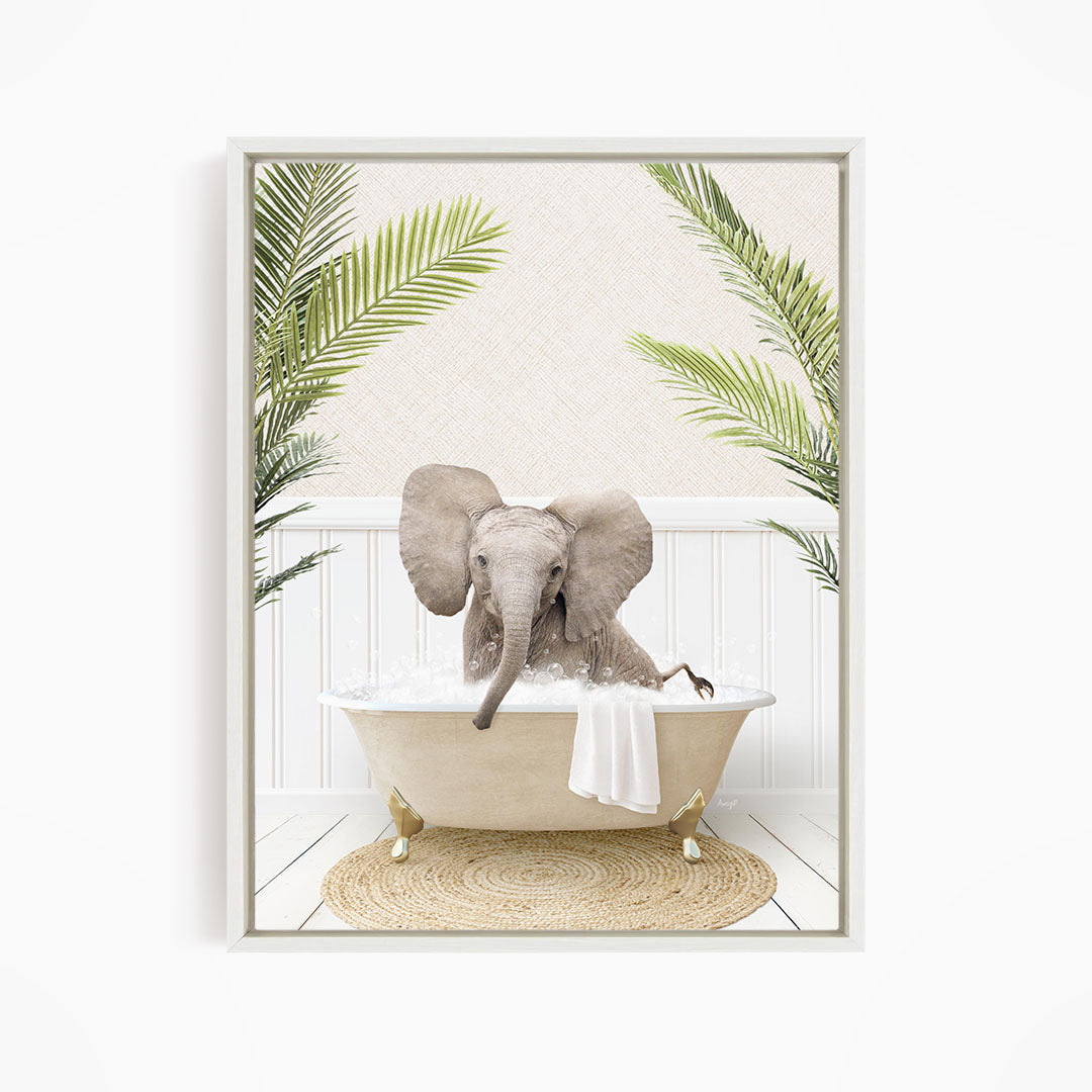 A baby elephant sitting in a bathtub filled with water, surrounded by palm leaves and a woven mat.
