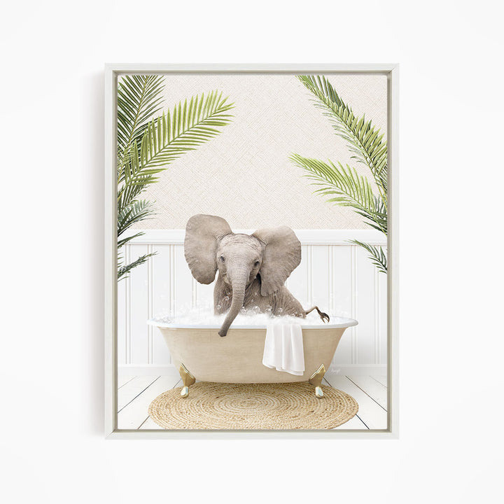 A baby elephant sitting in a bathtub filled with water, surrounded by palm leaves and a woven mat.