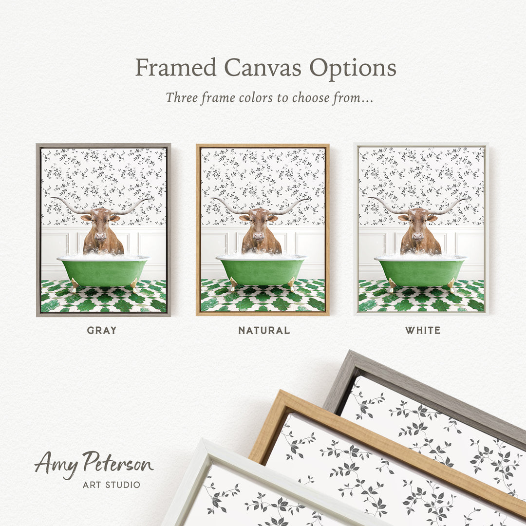 The image is a framed canvas option featuring three different framed pictures of a cow sitting in a bathtub. The cow is depicted in various colors, including gray, natural, and white. The text above the images reads " Framed Canvas Options" and "Three frame colors to choose from...". The bottom of the image includes the text " Amy Peterson ART STUDIO".
