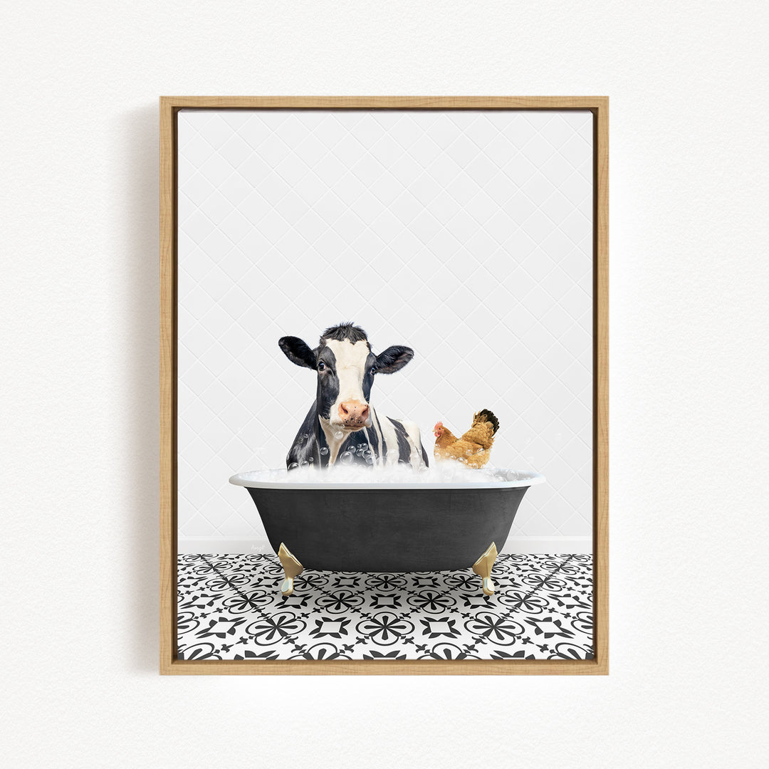 A black and white cow is sitting in a bathtub filled with water, with a chicken standing nearby.