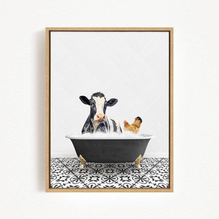 A black and white cow is sitting in a bathtub filled with water, with a chicken standing nearby.