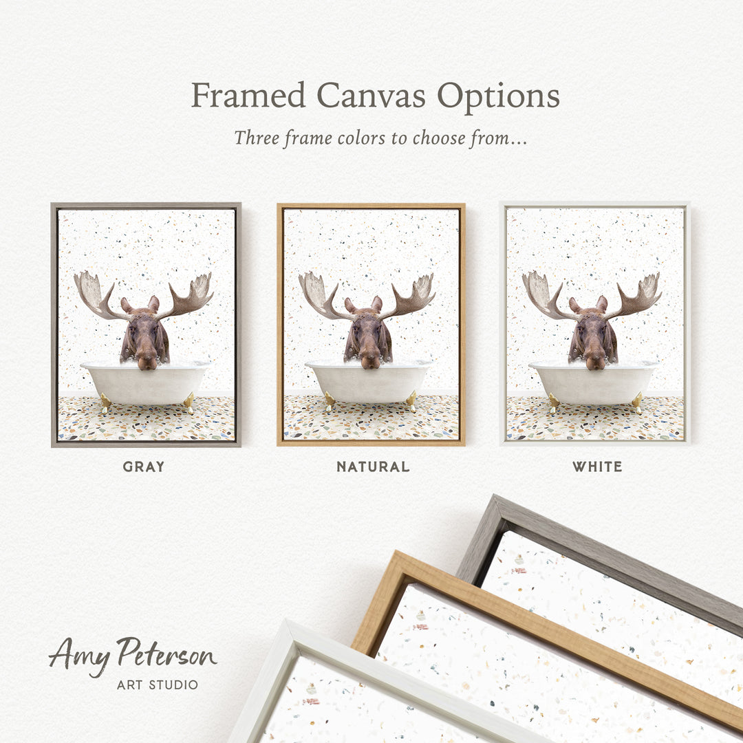 three framed canvas options featuring a moose in a bathtub, with each option having a different frame color: gray, natural, and white.
