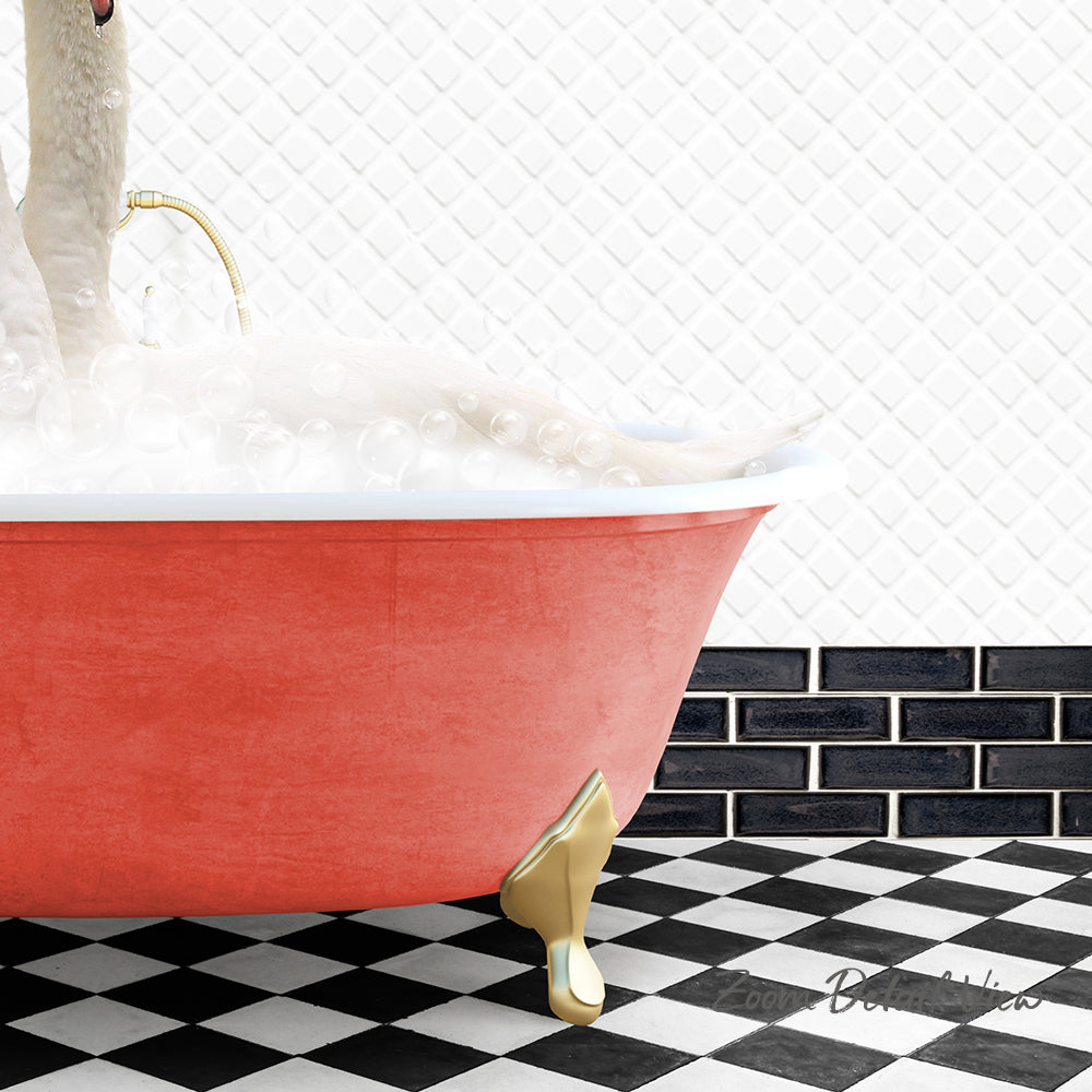 A red clawfoot bathtub filled with bubbles, with a person sitting inside and enjoying a relaxing soak.