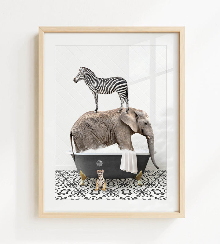 A zebra stands on the back of an elephant, which is submerged in a bathtub, creating a whimsical and surreal scene.