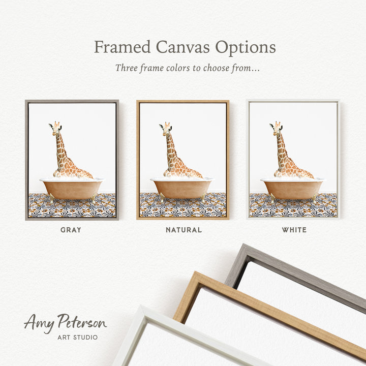 three framed canvas options for a giraffe bath, each with a different frame color: gray, natural, and white.