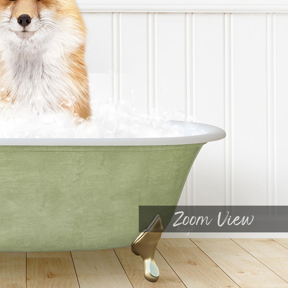 A happy dog sitting in a green bathtub filled with bubbles, with a "Zoom View" label below the image.