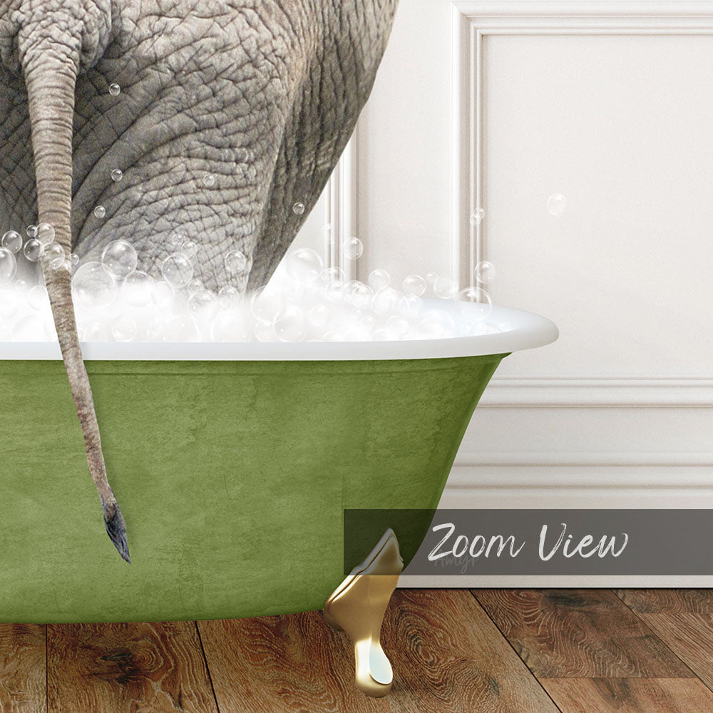A large elephant is standing in a green bathtub filled with bubbles, with its tail hanging over the side of the tub.
