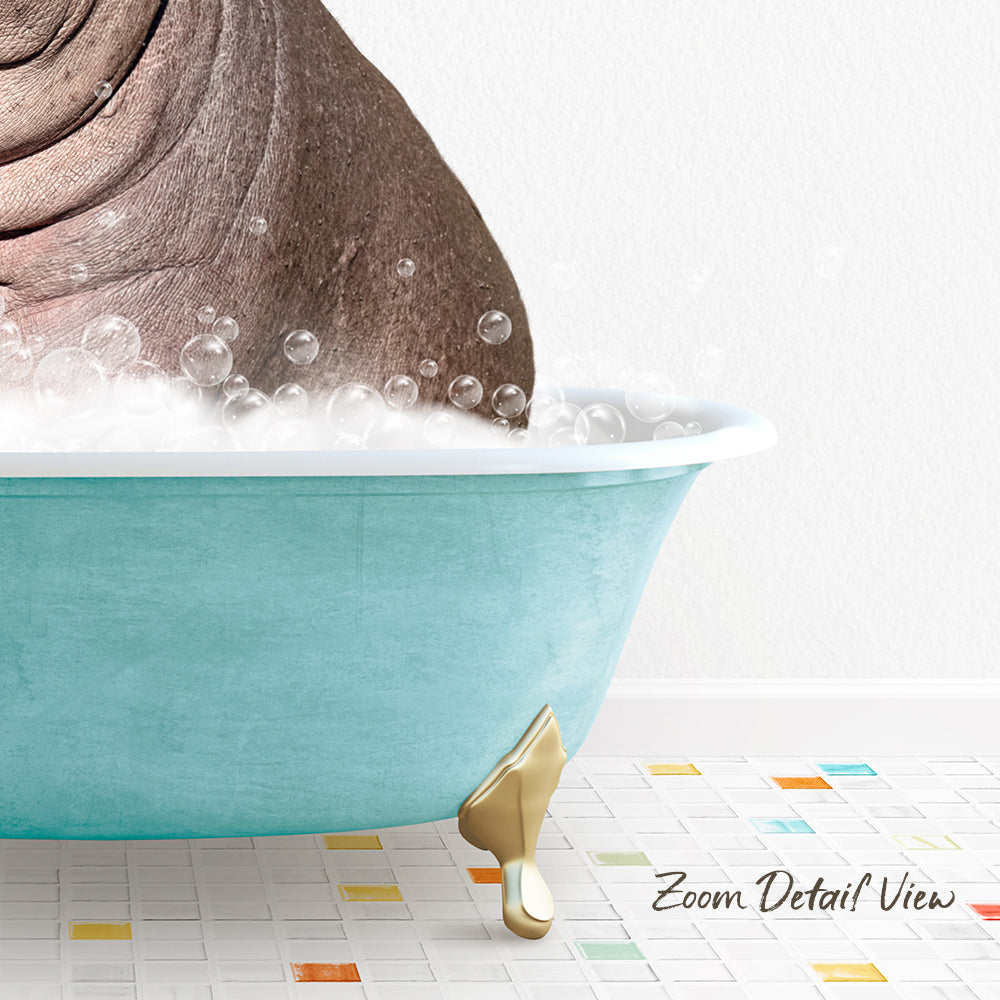 A bathtub filled with bubbles, with a gold bathtub leg visible, and a colorful tiled floor in the background.