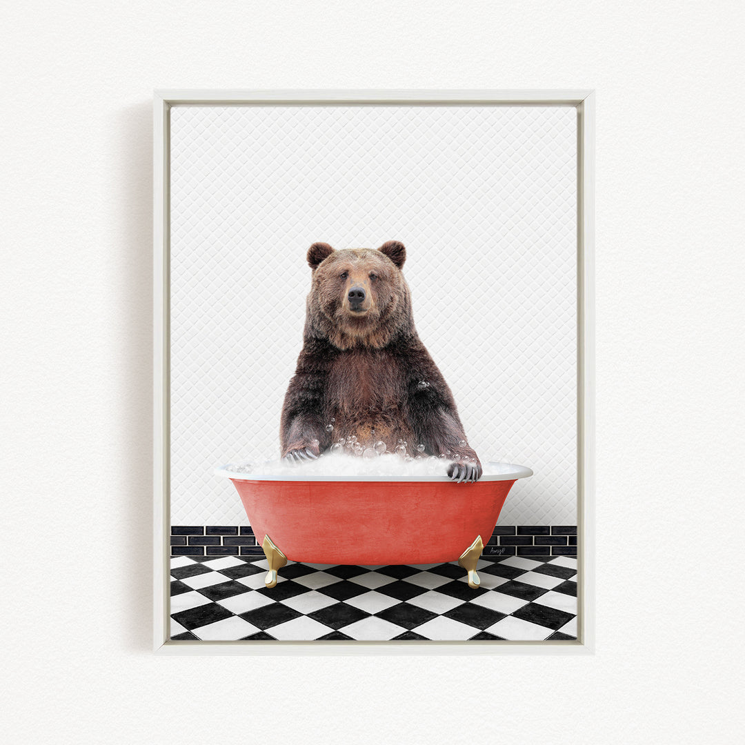 A brown bear sitting in a red bathtub filled with water, surrounded by a black and white checkered floor.