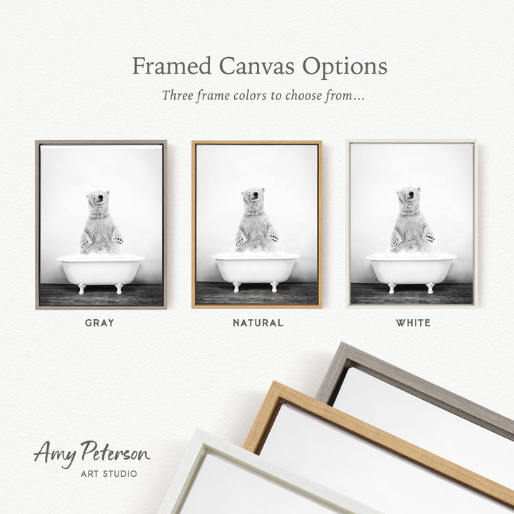 three framed canvas options, each featuring a black and white photograph of a polar bear sitting in a bathtub. The options include a gray frame, a natural frame, and a white frame.