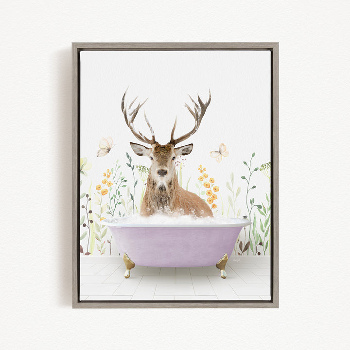 A deer with antlers is sitting in a bathtub filled with bubbles, surrounded by flowers and butterflies.