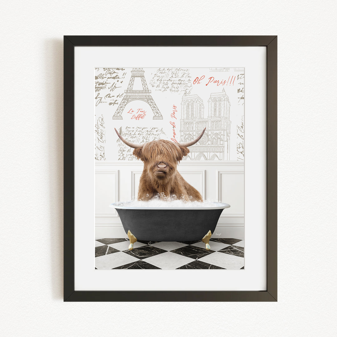 A brown cow with long horns is sitting in a bathtub, surrounded by a checkered floor and a wall with the Eiffel Tower and other Parisian landmarks.