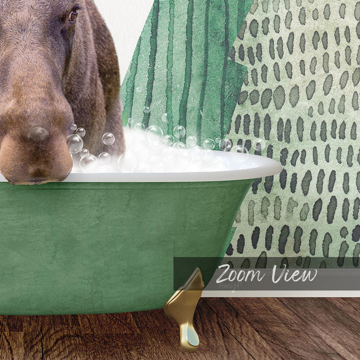 A close-up of a horse's head in a green bathtub filled with bubbles, with a patterned wall in the background.