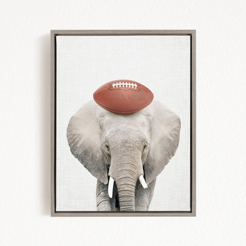 A gray elephant with a red football resting on its head, standing against a white background.