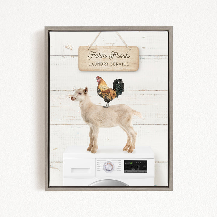 a goat standing on top of a washing machine, with a rooster perched on its back. The scene is set against a white background, and there is a sign that reads "Farm Fresh Laundry Service" hanging above the washing machine.