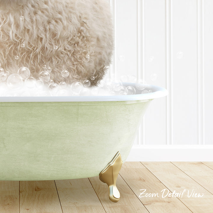 A fluffy white dog is sitting in a green bathtub filled with bubbles, with a wooden floor and white walls in the background.