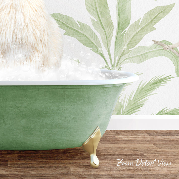 A fluffy white cat is sitting in a green bathtub filled with bubbles, with a tropical plant wallpaper in the background.
