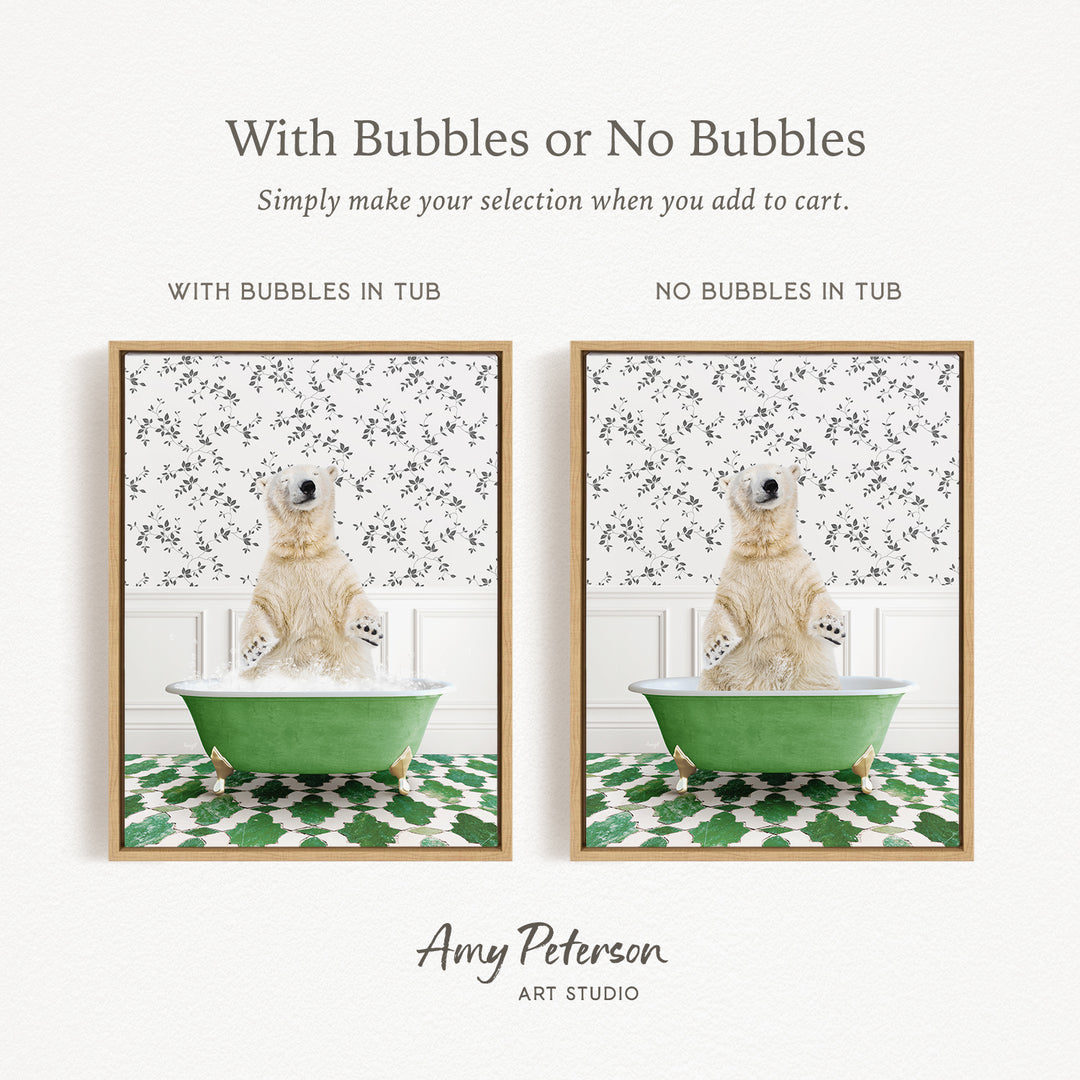 The image is a collage of two pictures featuring a polar bear sitting in a green bathtub. The polar bear is surrounded by bubbles, creating a playful and whimsical scene. The collage is titled "With Bubbles or No Bubbles" and is created by Amy Peterson from Art Studio.