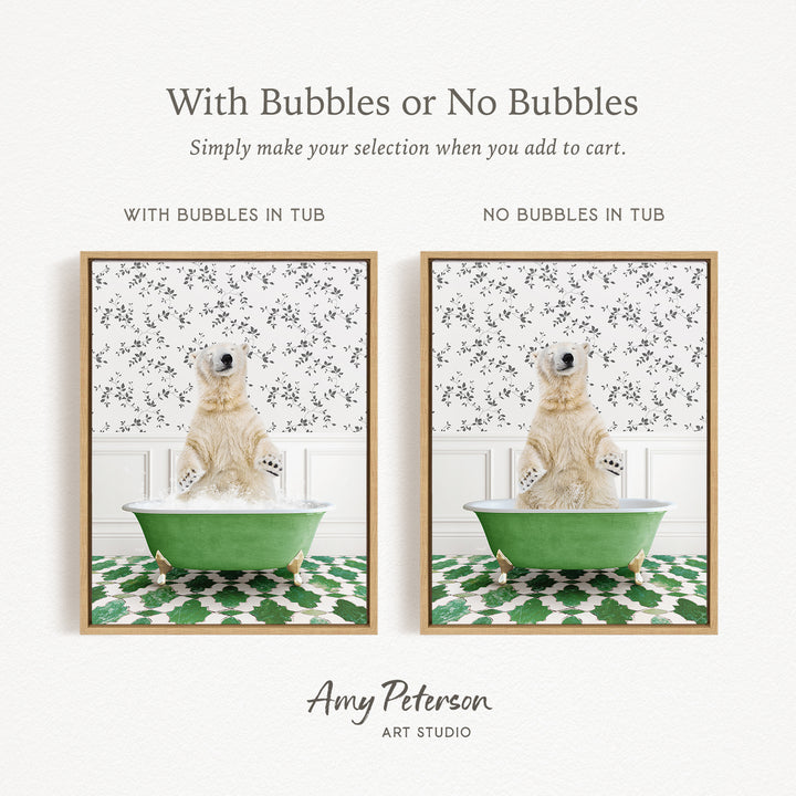 The image is a collage of two pictures featuring a polar bear sitting in a green bathtub. The polar bear is surrounded by bubbles, creating a playful and whimsical scene. The collage is titled "With Bubbles or No Bubbles" and is created by Amy Peterson from Art Studio.