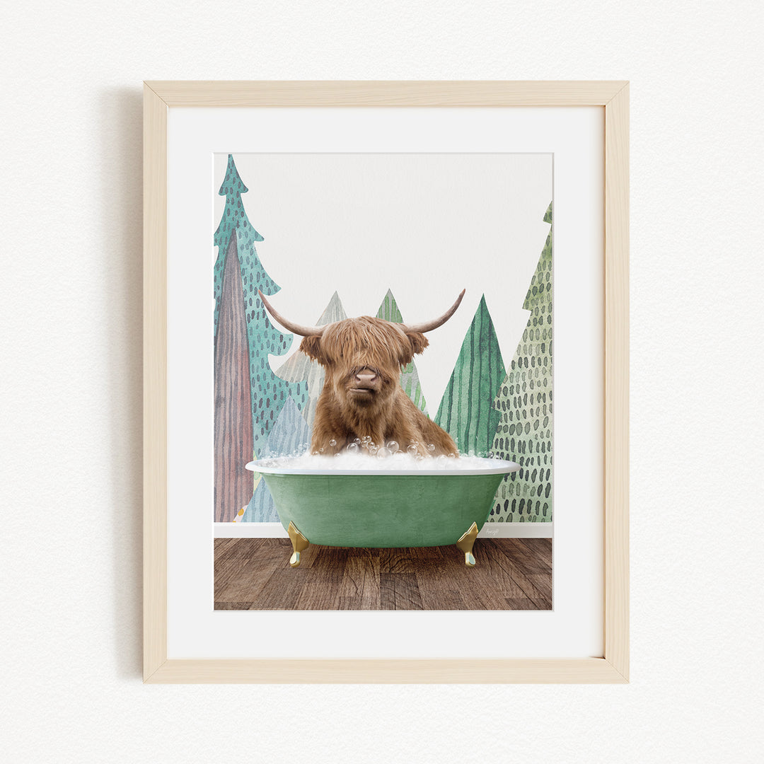 A brown cow with long horns is sitting in a green bathtub, surrounded by a forest scene with trees and a snowy landscape.