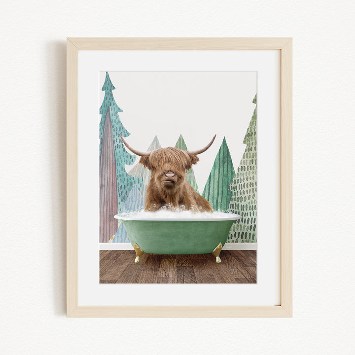 A brown cow with long horns is sitting in a green bathtub, surrounded by a forest scene with trees and a snowy landscape.